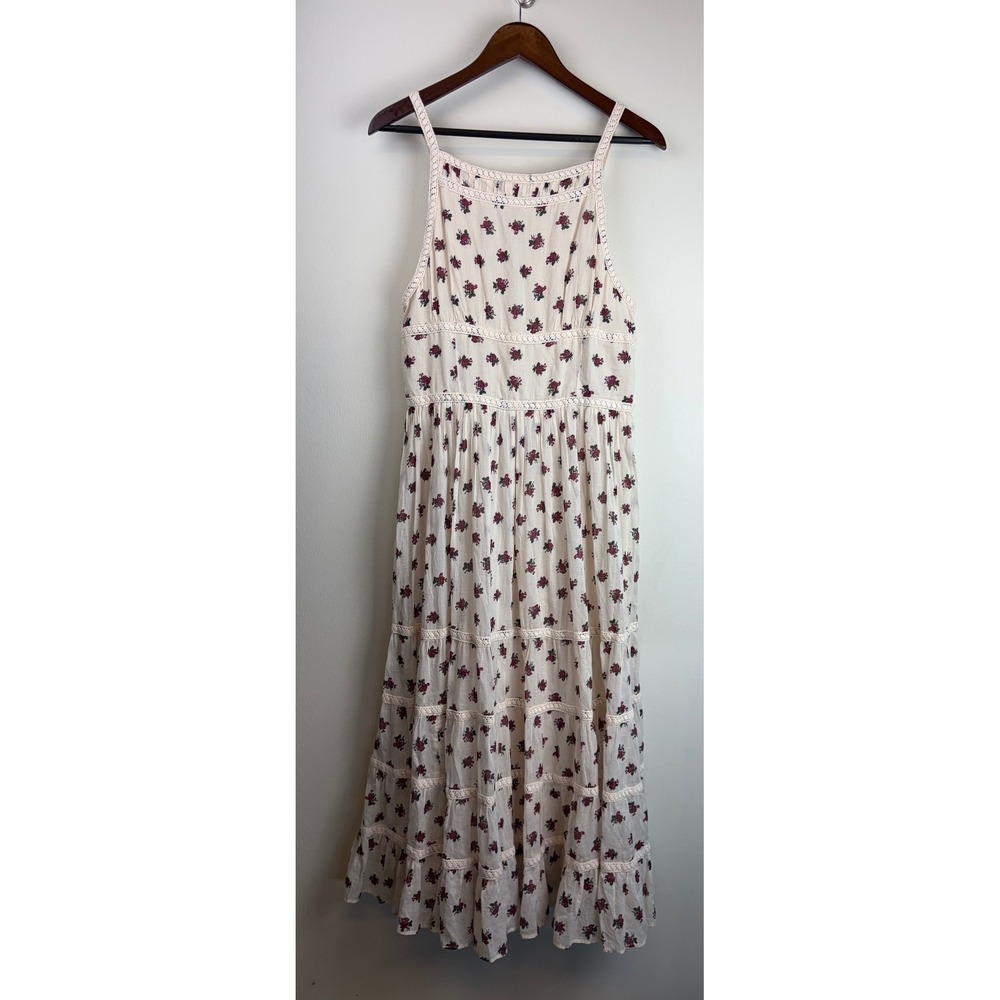 Free People Daydreamer Midi Maxi Dress M Cream Floral Boho Tiered Smocked Lace